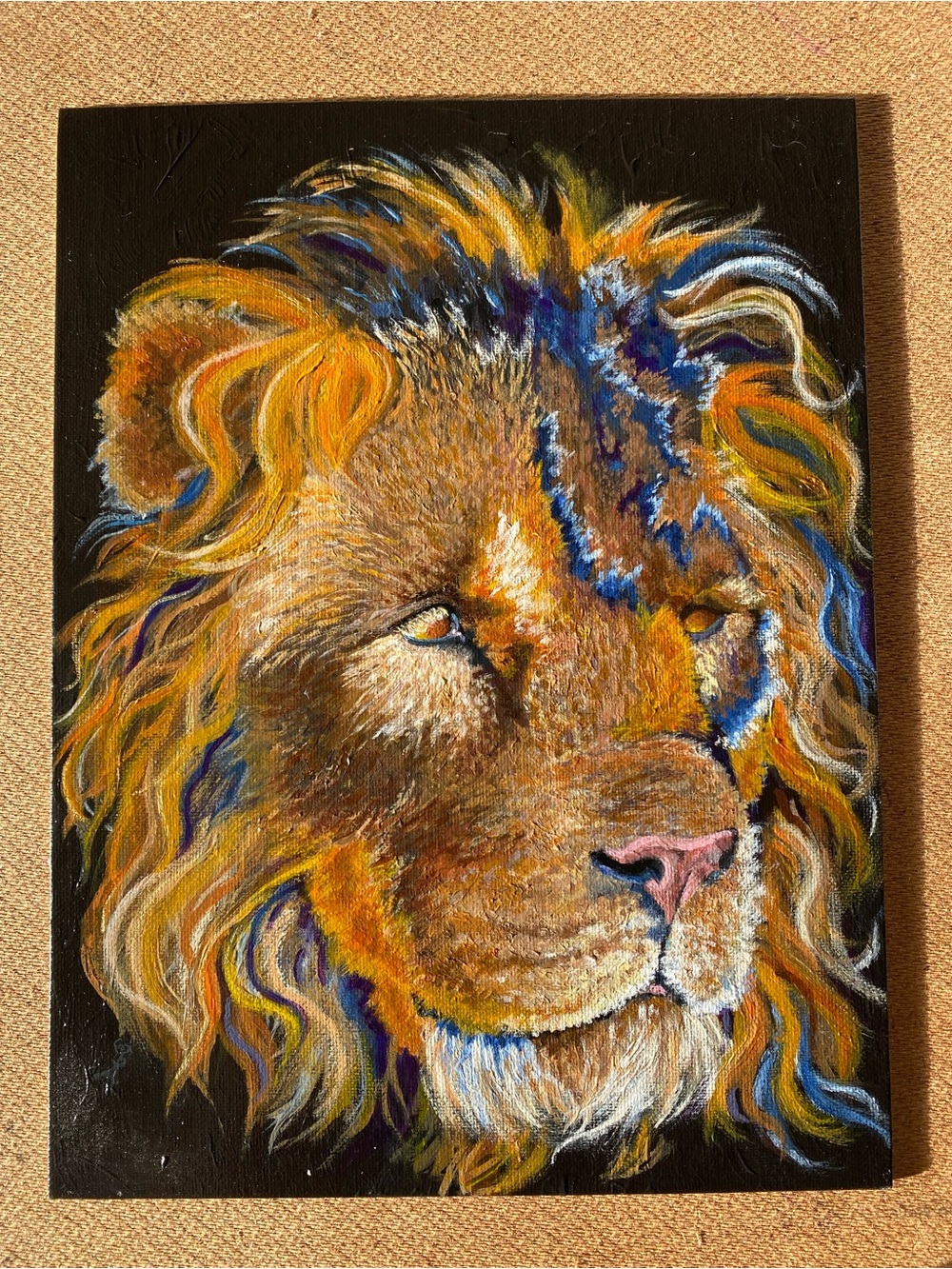 Hand-Painted Lion Portrait Wall Art in Gold and Blue 🐾 painting for my pup!